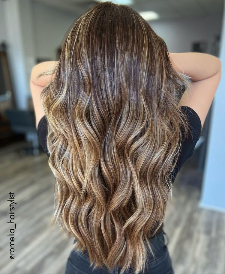 tape-in hair extensions #6-16 caramel balayage.