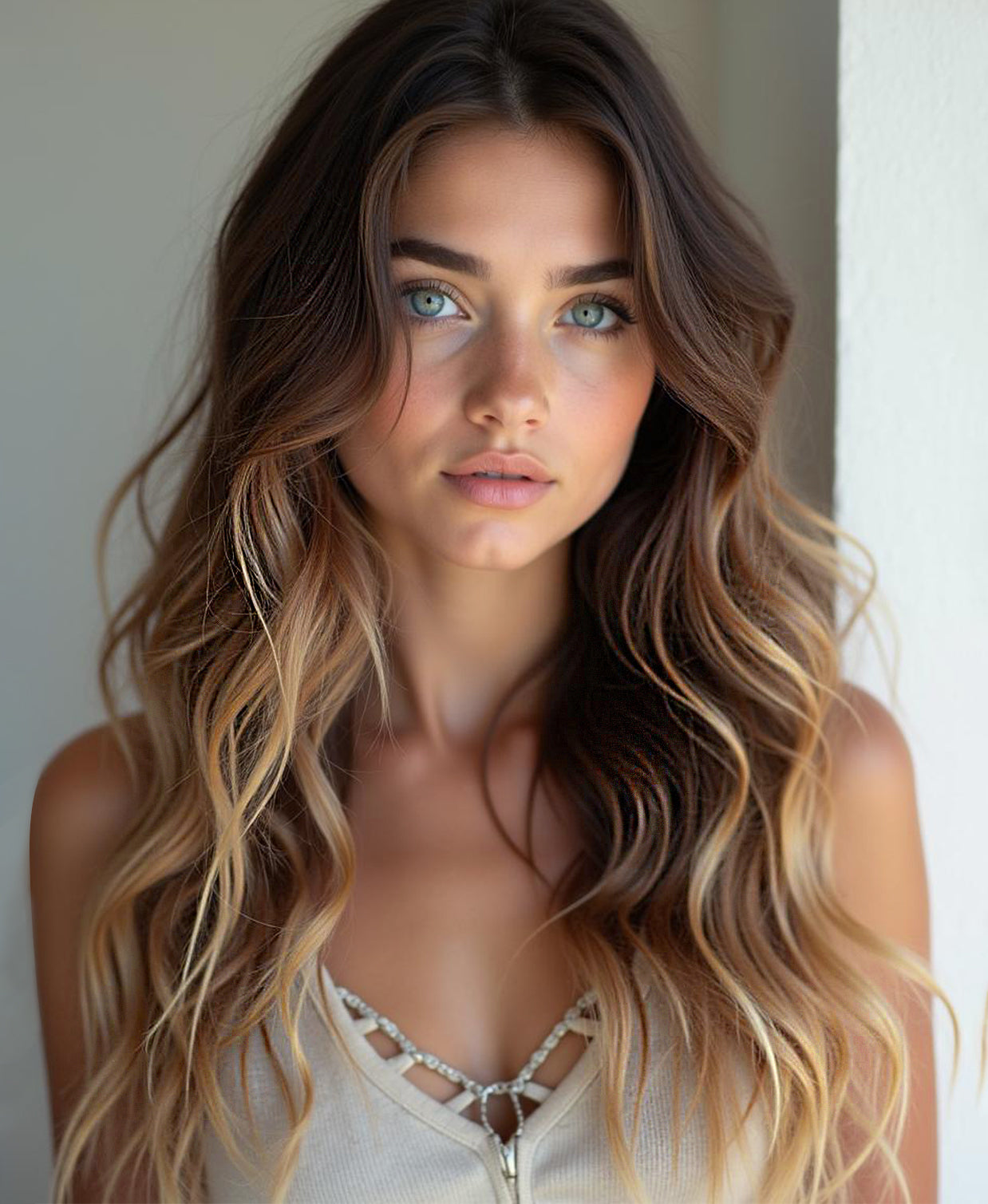 girl wearing caramel balayage tape in hair extensions