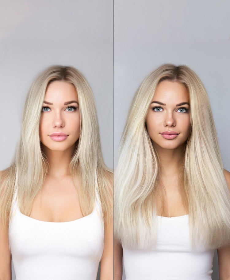 clip-in hair extensions #6r80 - shadow root white blonde.