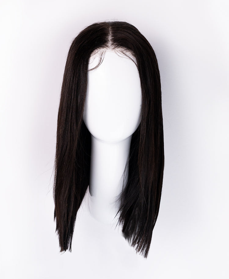 put on & go pre-cut lace long bob human wig - 14" natural black.