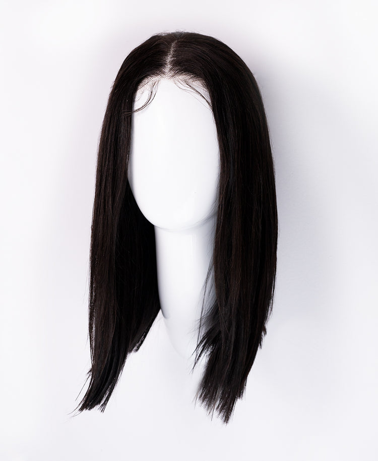 put on & go pre-cut lace long bob human wig - 14" natural black.