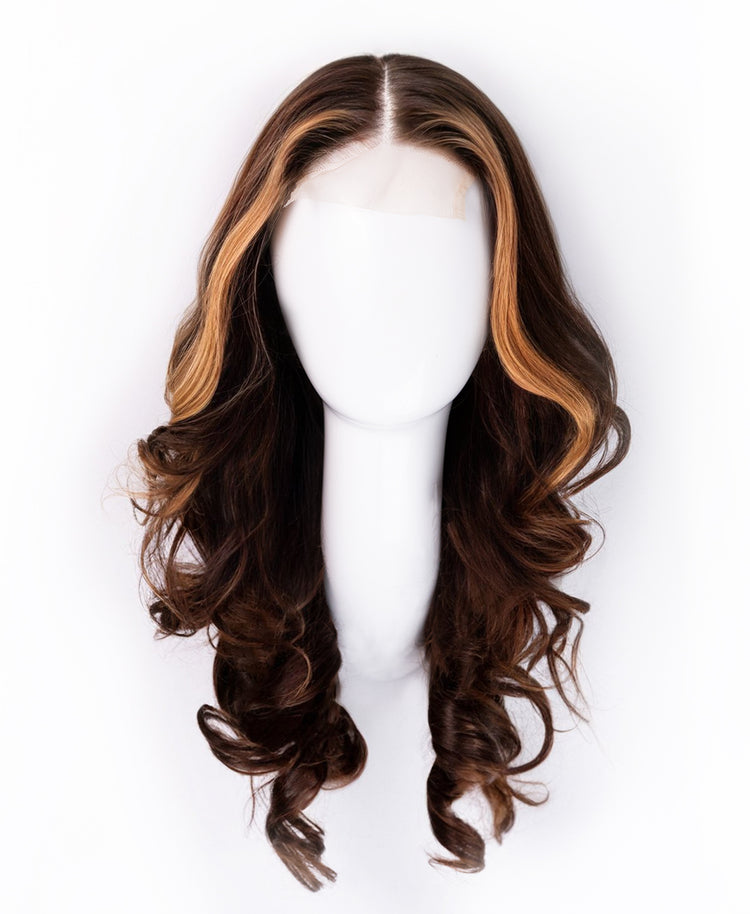 front lace human wig - 18" chocolate brown with moneypiece highlights.