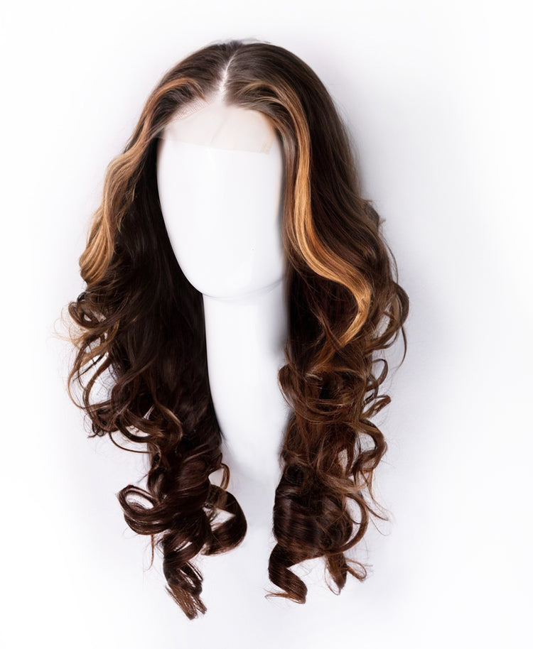 front lace human wig - 18" chocolate brown with moneypiece highlights.