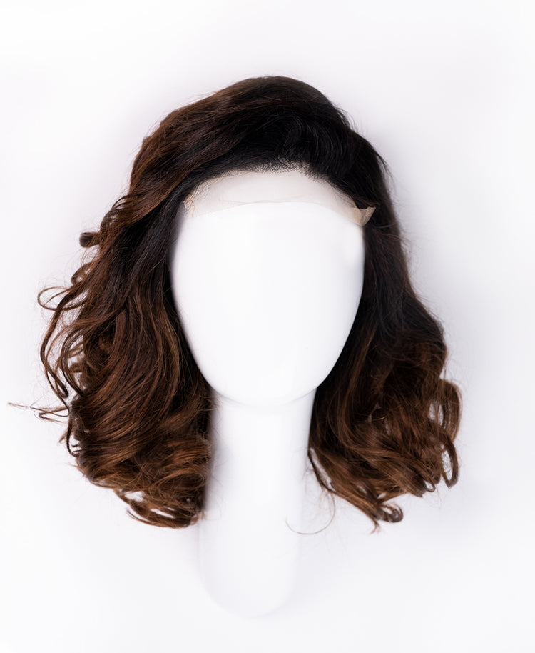 front lace human wig - 10" rooted brown bouncy curls.