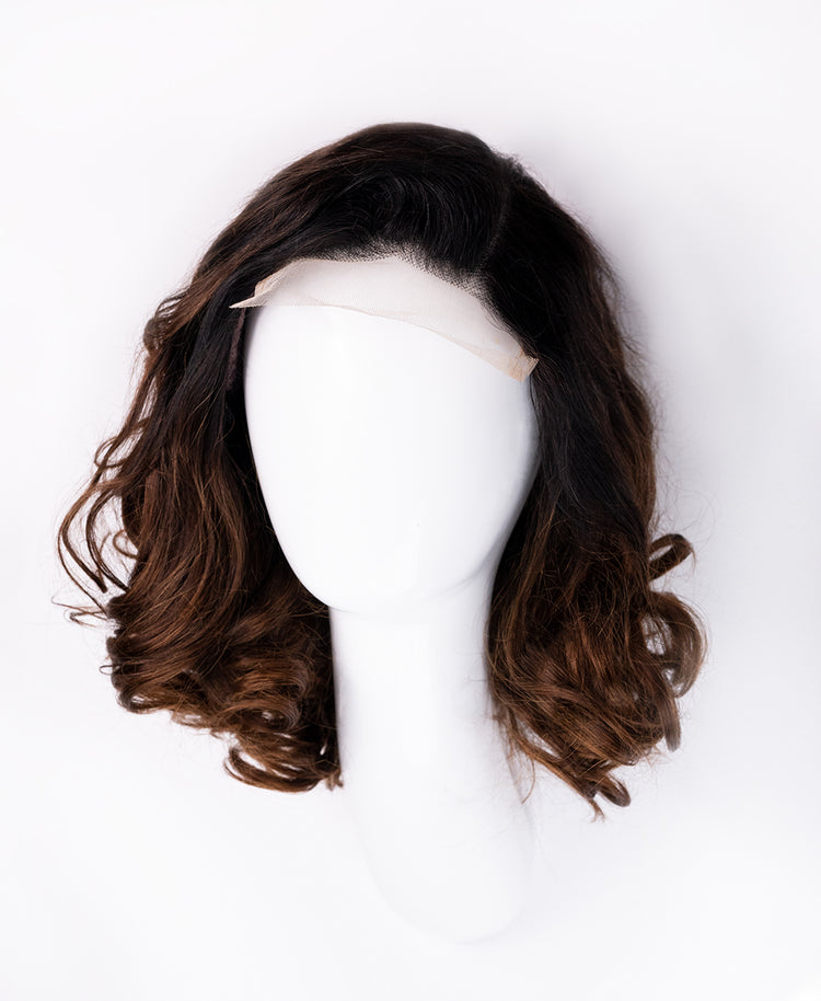 front lace human wig - 10" rooted brown bouncy curls.
