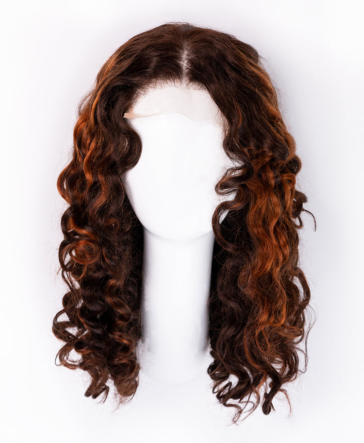 front lace human wig - 16" curly brown with highlights.