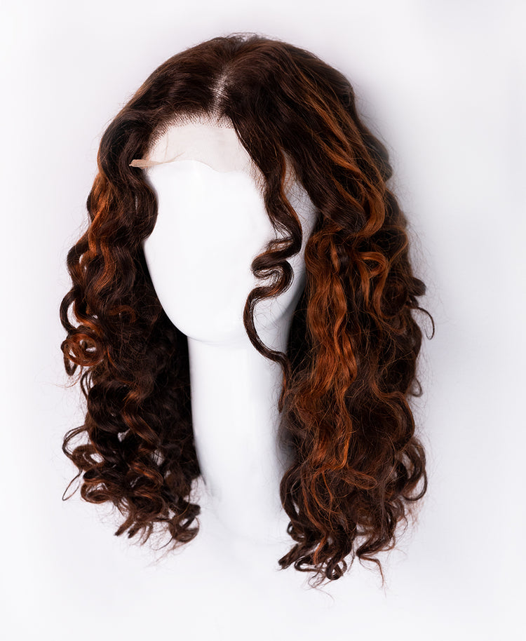 front lace human wig - 16" curly brown with highlights.