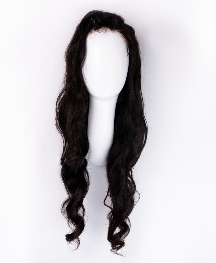 put on & go pre-cut lace wavy human wig - 28" natural black.