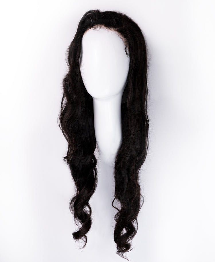 put on & go pre-cut lace wavy human wig - 28" natural black.