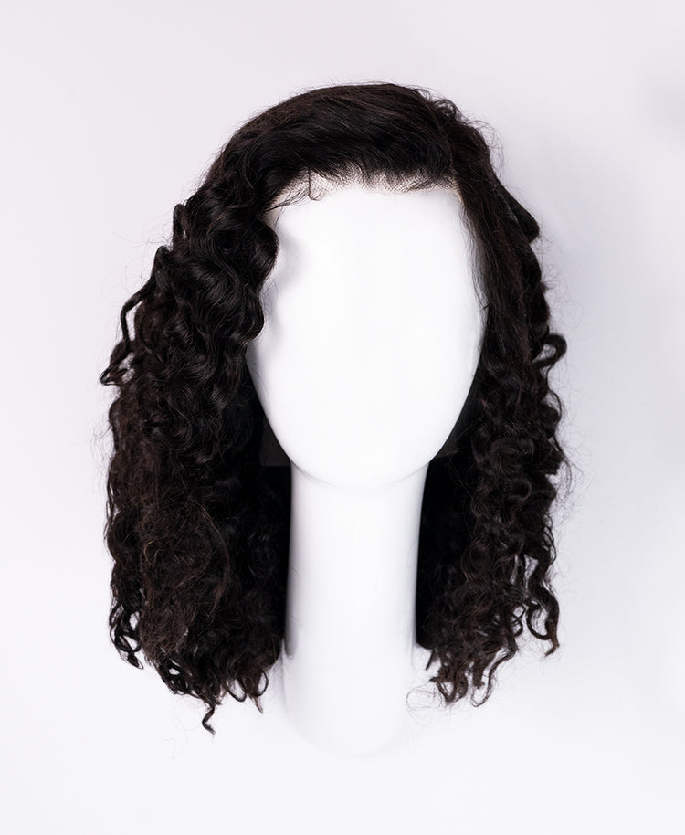 put on & go pre-cut lace curly human wig - 16" natural black.