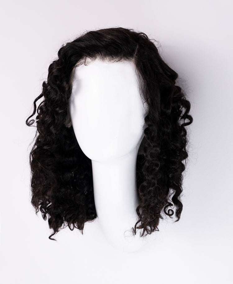 put on & go pre-cut lace curly human wig - 16" natural black.