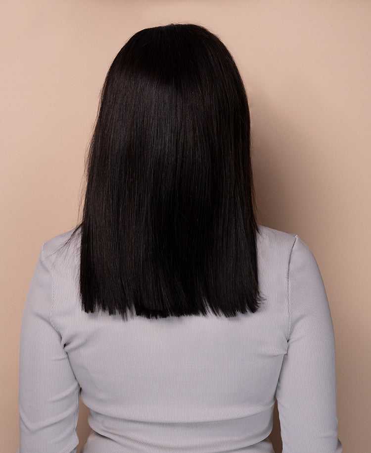 put on & go pre-cut lace long bob human wig - 14" natural black.