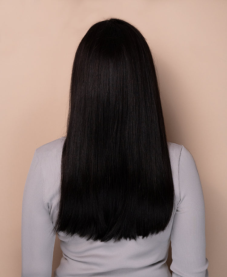 put on & go pre-cut lace straight human wig - 20" natural black.