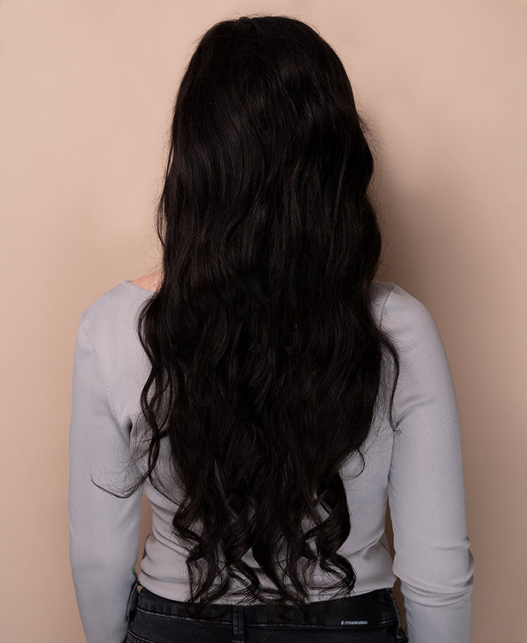 put on & go pre-cut lace wavy human wig - 28" natural black.