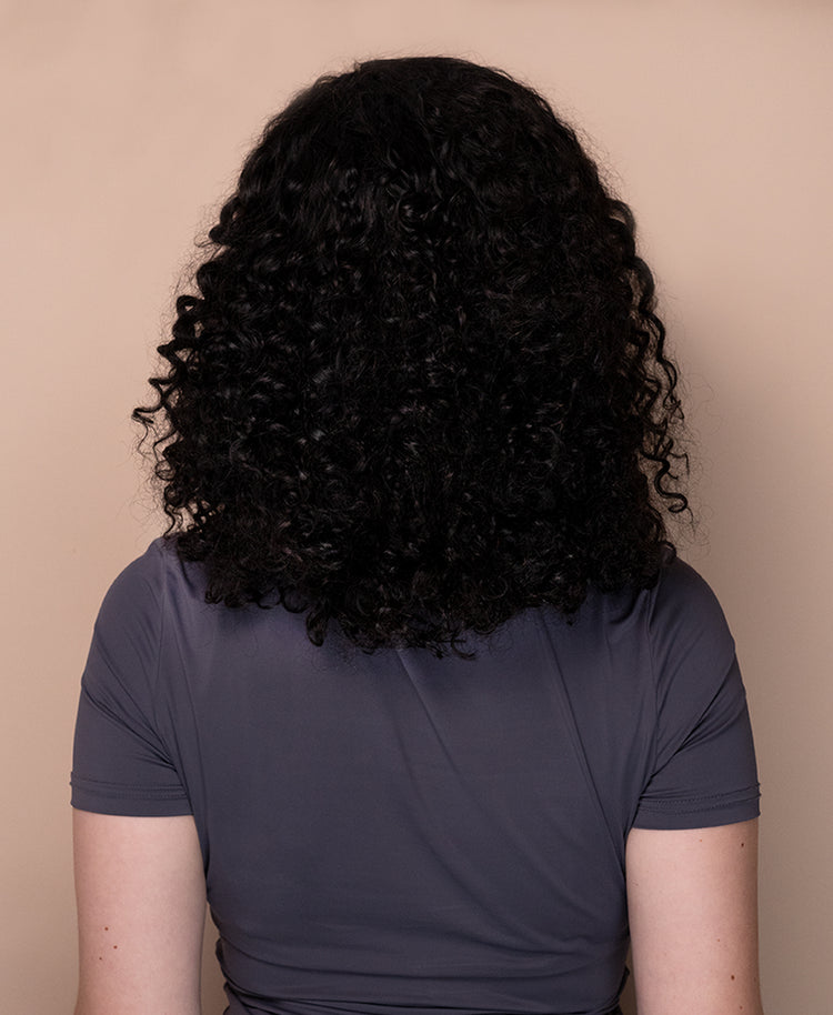 put on & go pre-cut lace curly human wig - 16" natural black.