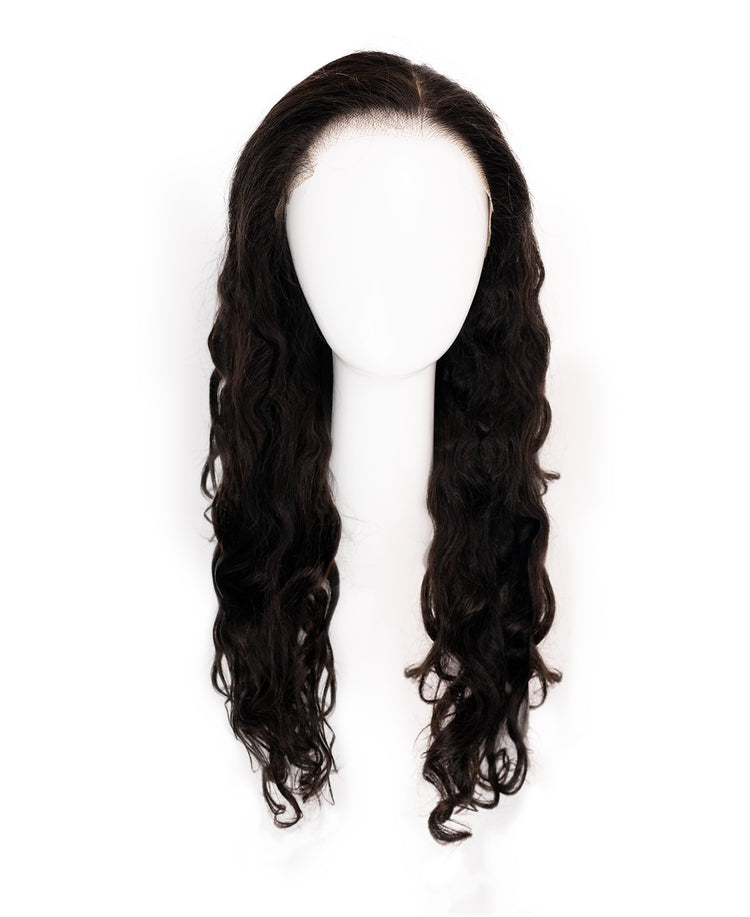 put on & go pre-cut lace curly human wig - 24" natural black.