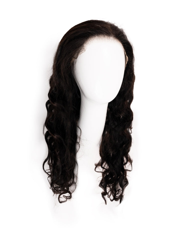 put on & go pre-cut lace curly human wig - 24" natural black.