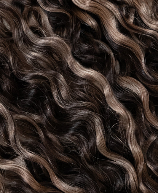 curly (3A curls) clip-in hair extensions #2p10 ash brown balayage.