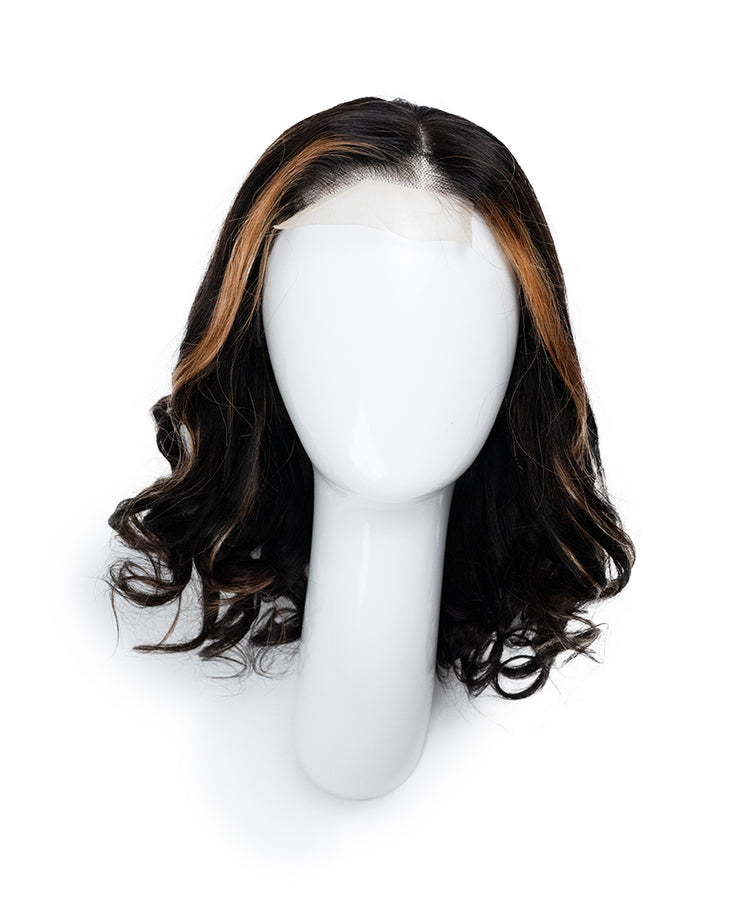 bouncy curls human wig - 10" bronzed highlights.