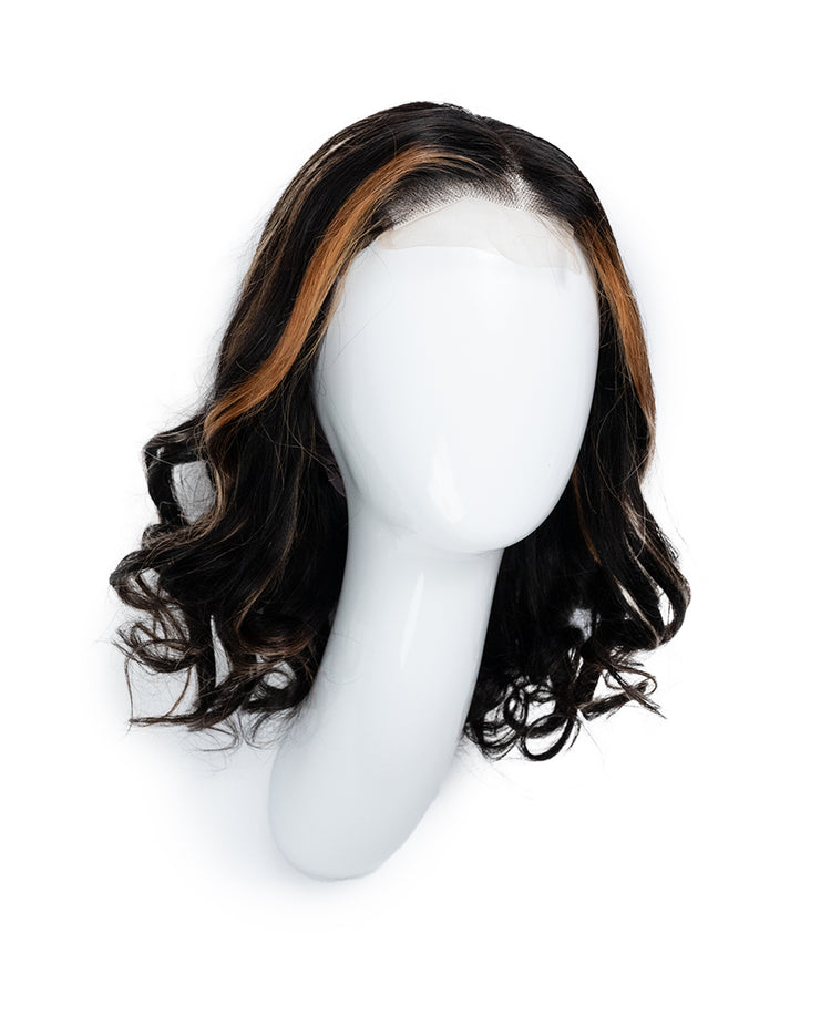 bouncy curls human wig - 10" bronzed highlights.