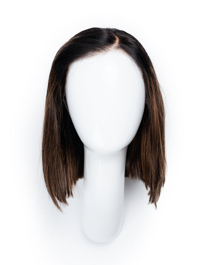 lace front bob human wig - 10" rooted brown highlights.