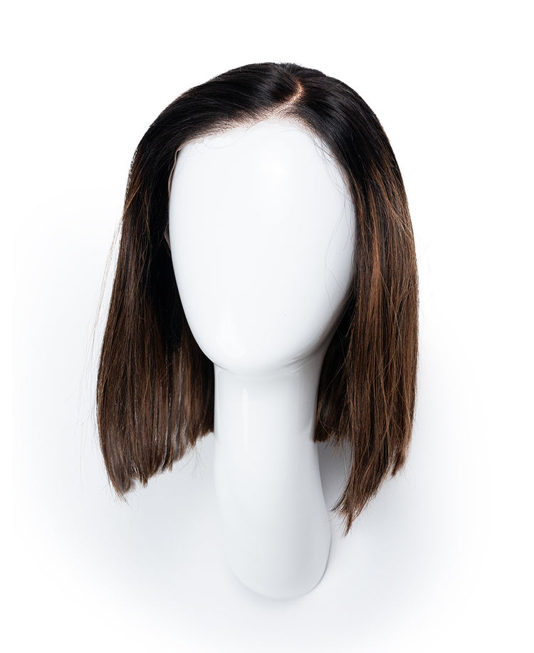 lace front bob human wig - 10" rooted brown highlights.