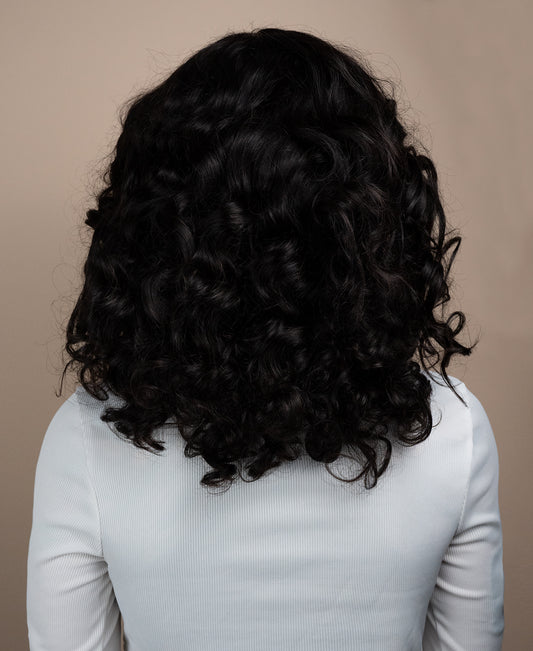 lace front human wig - 16" 3a curly natural black.