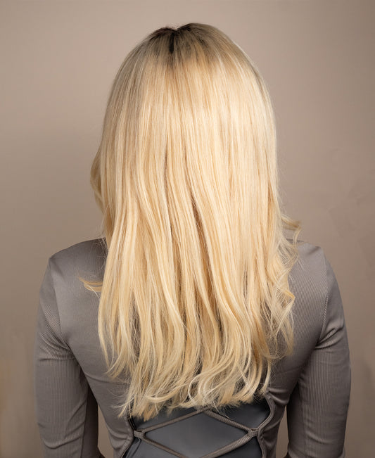 put on & go human wig - 20" rooted blonde.