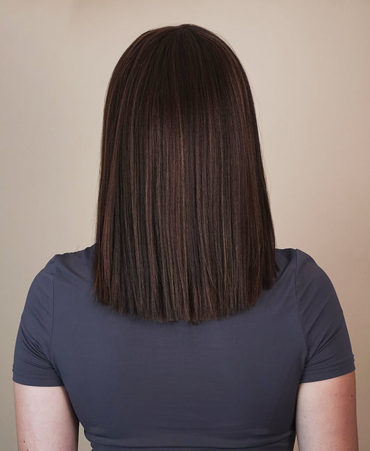 vegan fiber long bob with bangs wig - 12" brown highlights.