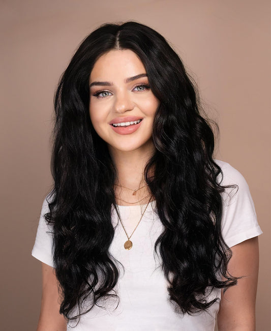 put on & go pre-cut lace curly human wig - 24" natural black.