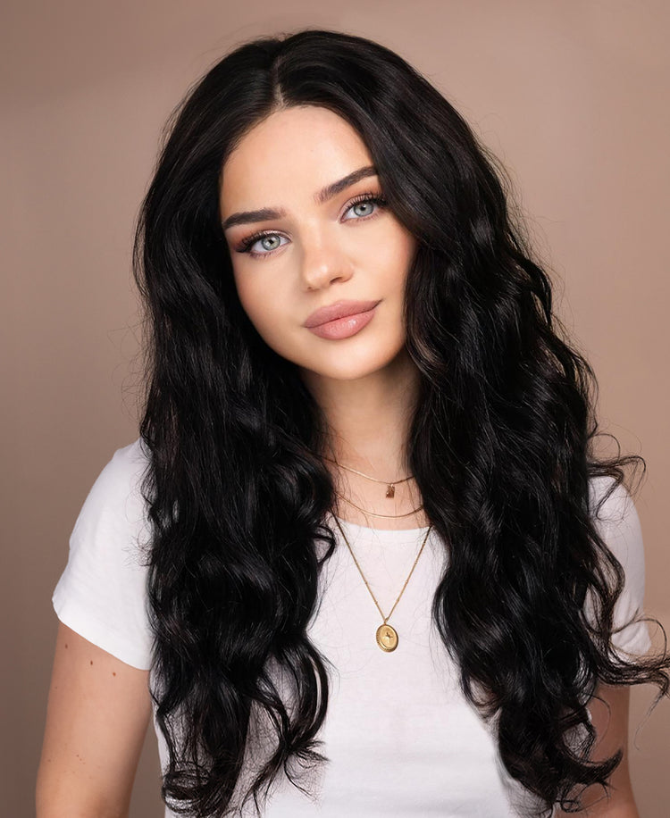 put on & go pre-cut lace curly human wig - 24" natural black.