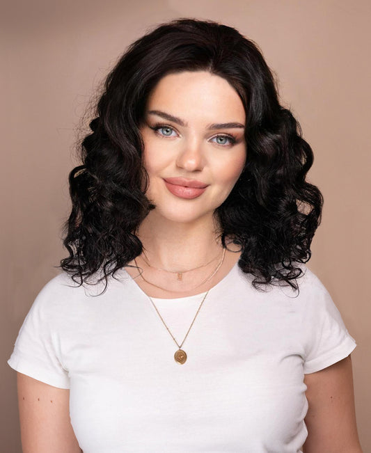 put on & go pre-cut lace curly human wig - 14" natural black.