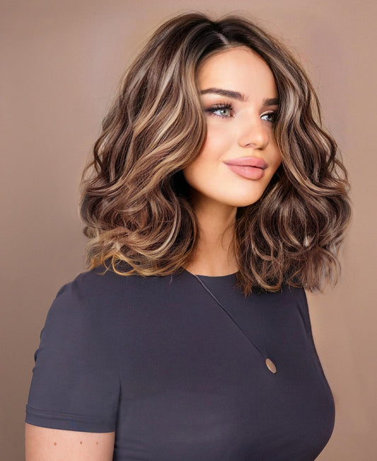 put on & go pre-cut lace wavy human wig - 14" bronzed highlights.