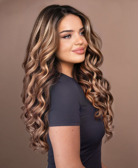 put on & go pre-cut lace wavy human wig - 24" bronzed highlights.