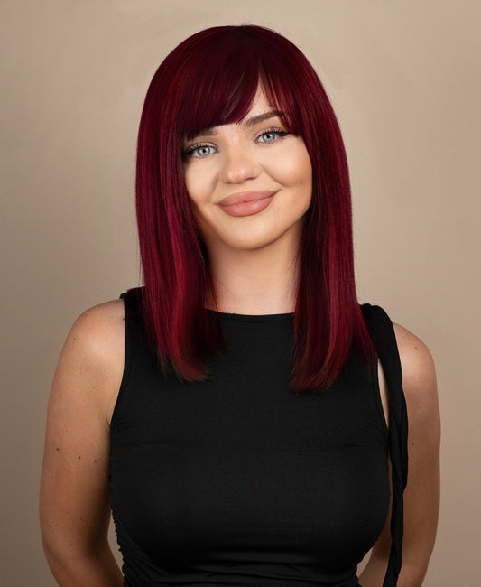 long bob with fringe human wig - 14" cherry red.