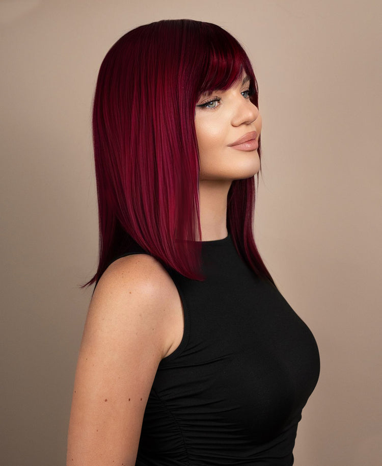 long bob with fringe human wig - 14" cherry red.