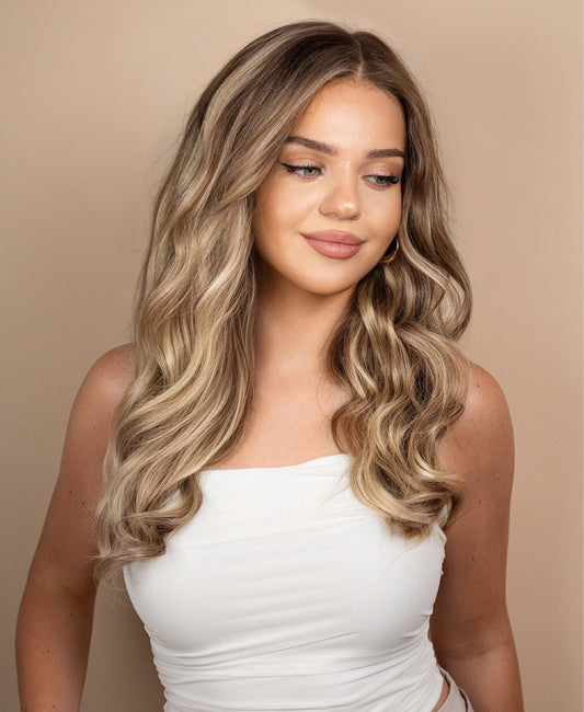 front lace human wig - 20" ash blonde highlights.