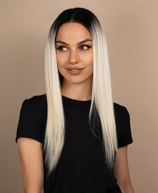 front lace human wig - 16" rooted platinum blonde.