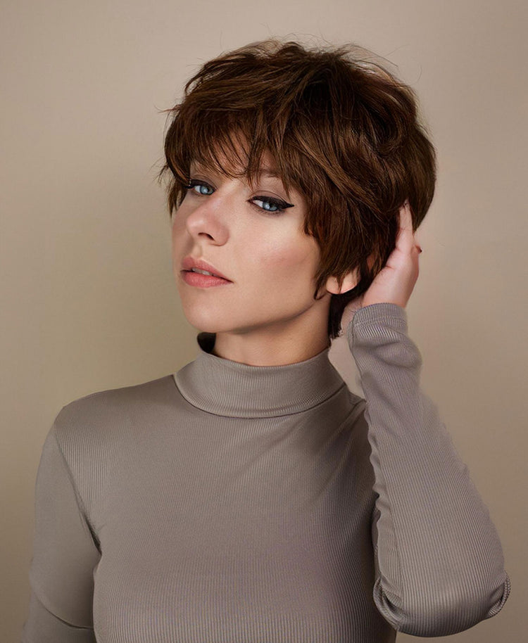 pixie cut human wig - 6" medium brown.