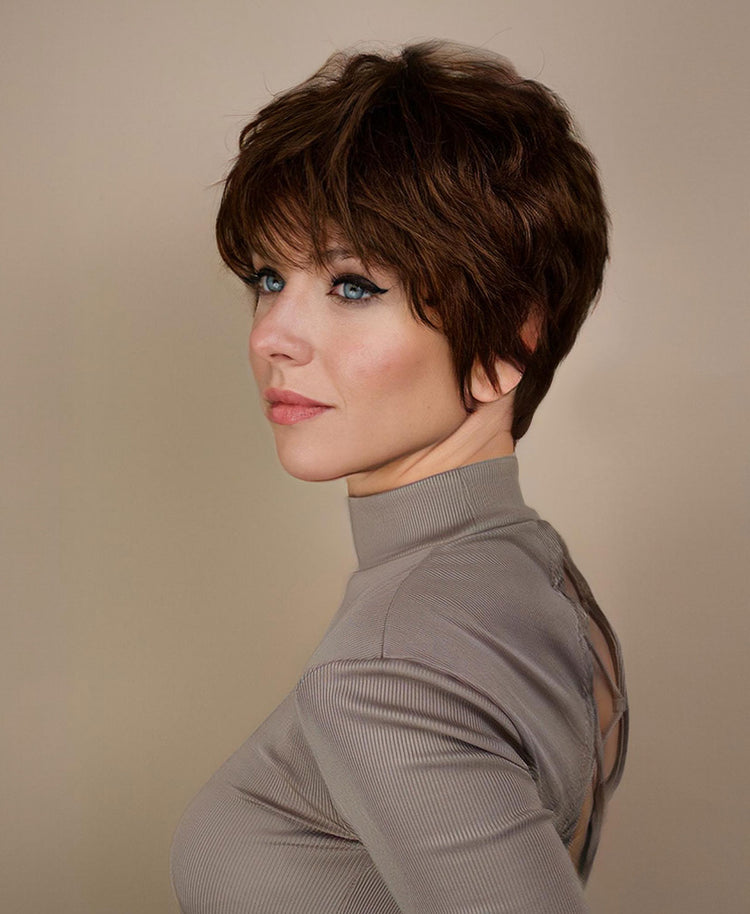 pixie cut human wig - 6" medium brown.