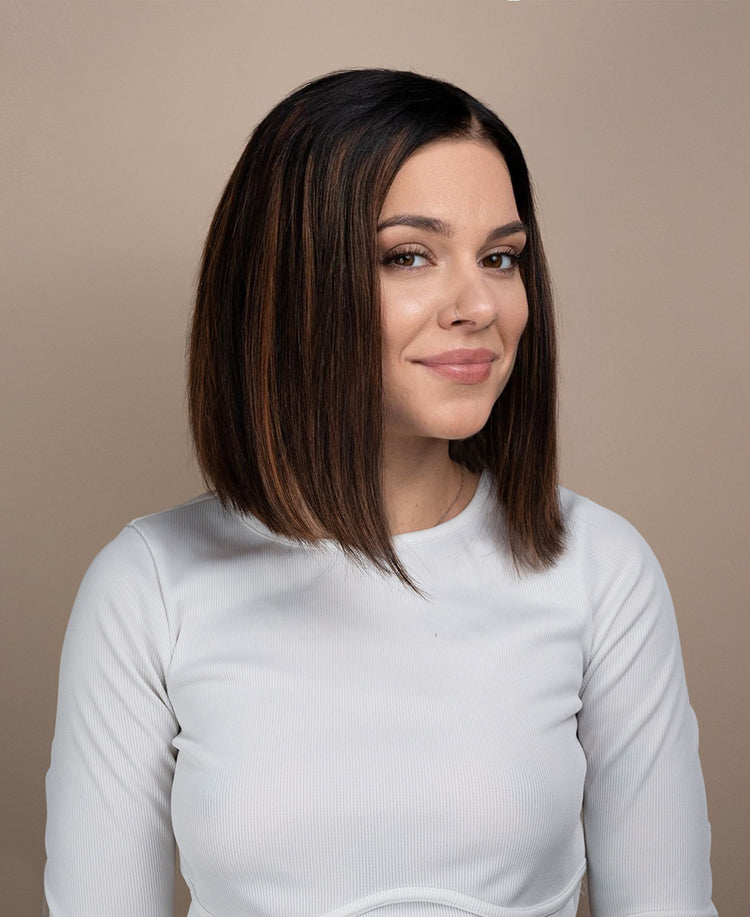 lace front bob human wig - 10" rooted brown highlights.