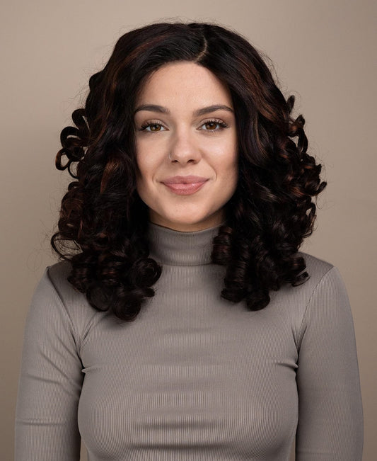 4x4 front lace human wig - 18" 3a curly brown highlights.