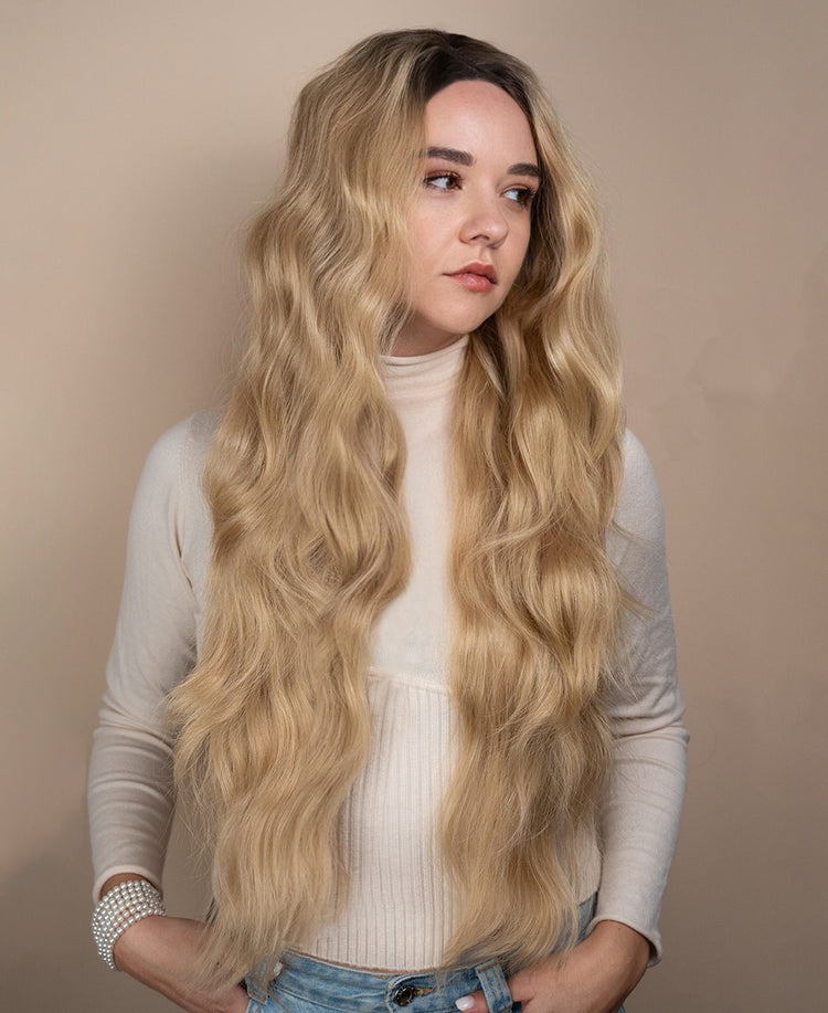 vegan fiber wavy wig 24" rooted blonde.