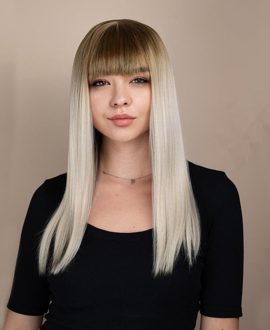 vegan fiber fringe wig - 18" rooted platinum blonde.