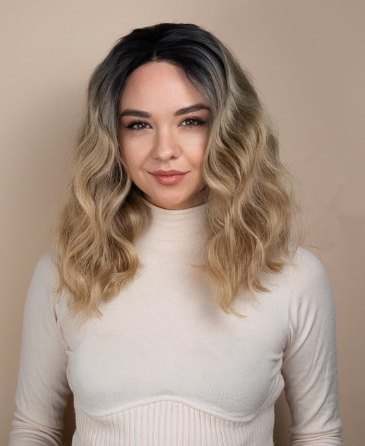 vegan fiber wavy wig - 12" rooted blonde.