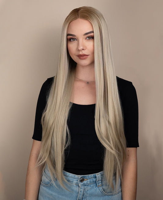 vegan fiber straight wig - 24" rooted blonde.