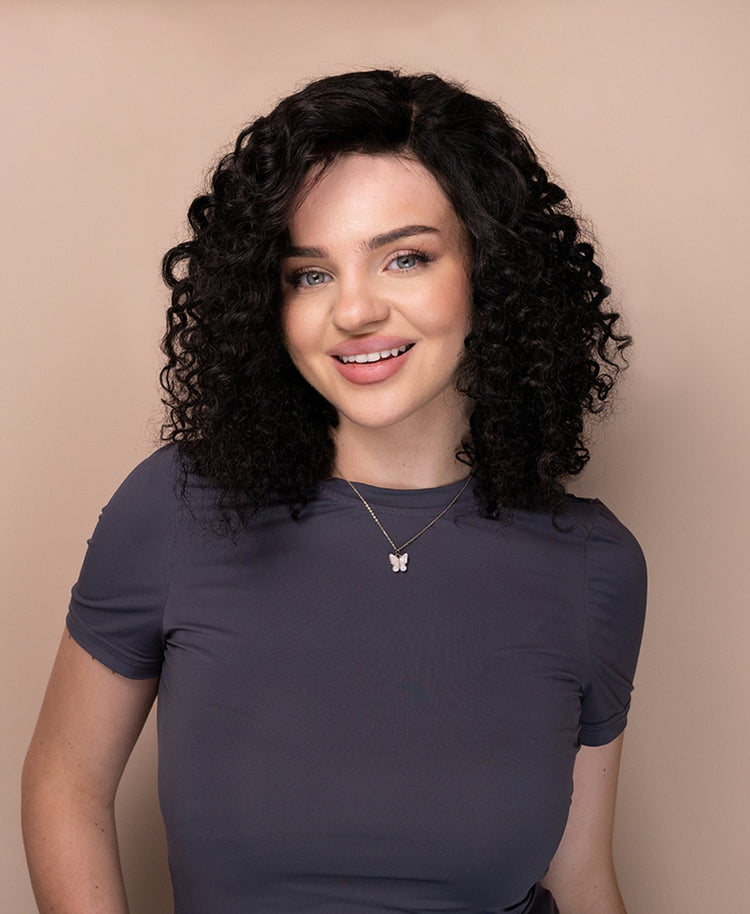 put on & go pre-cut lace curly human wig - 16" natural black.