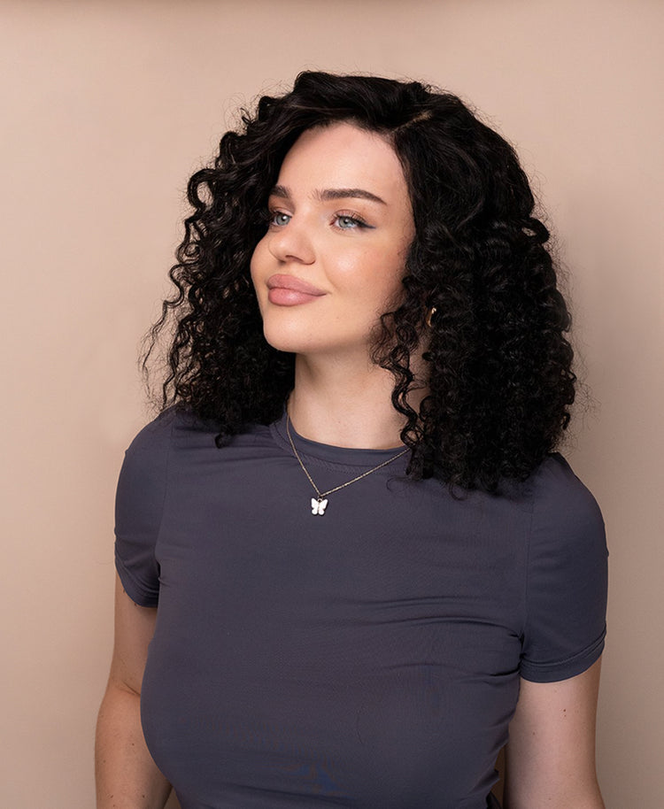 put on & go pre-cut lace curly human wig - 16" natural black.