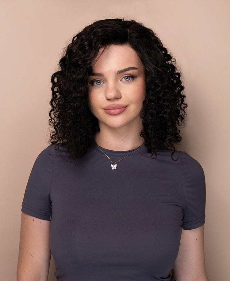 put on & go pre-cut lace curly human wig - 16" natural black.