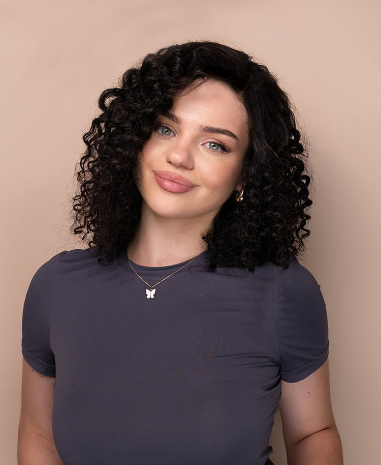 put on & go pre-cut lace curly human wig - 16" natural black.